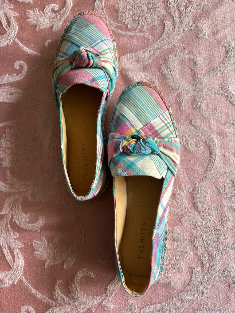 Talbots Pastel Plaid Knot-Top Espadrilles in Pink and Teal
